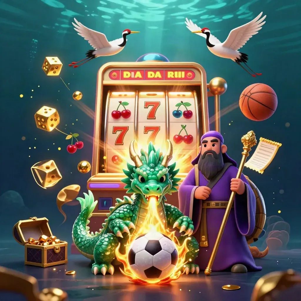 Emerald dragon, turtle sage and cranes amid jackpot casino symbols over a glowing soccer ball burst.
