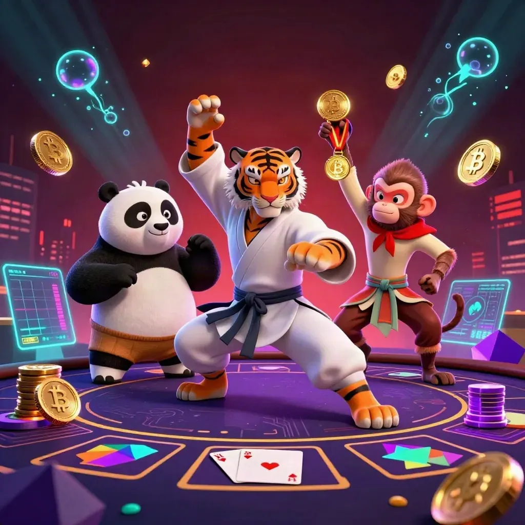 Kung-fu tiger, panda, and monkey amid neon poker coins, chips, and cinematic casino light.
