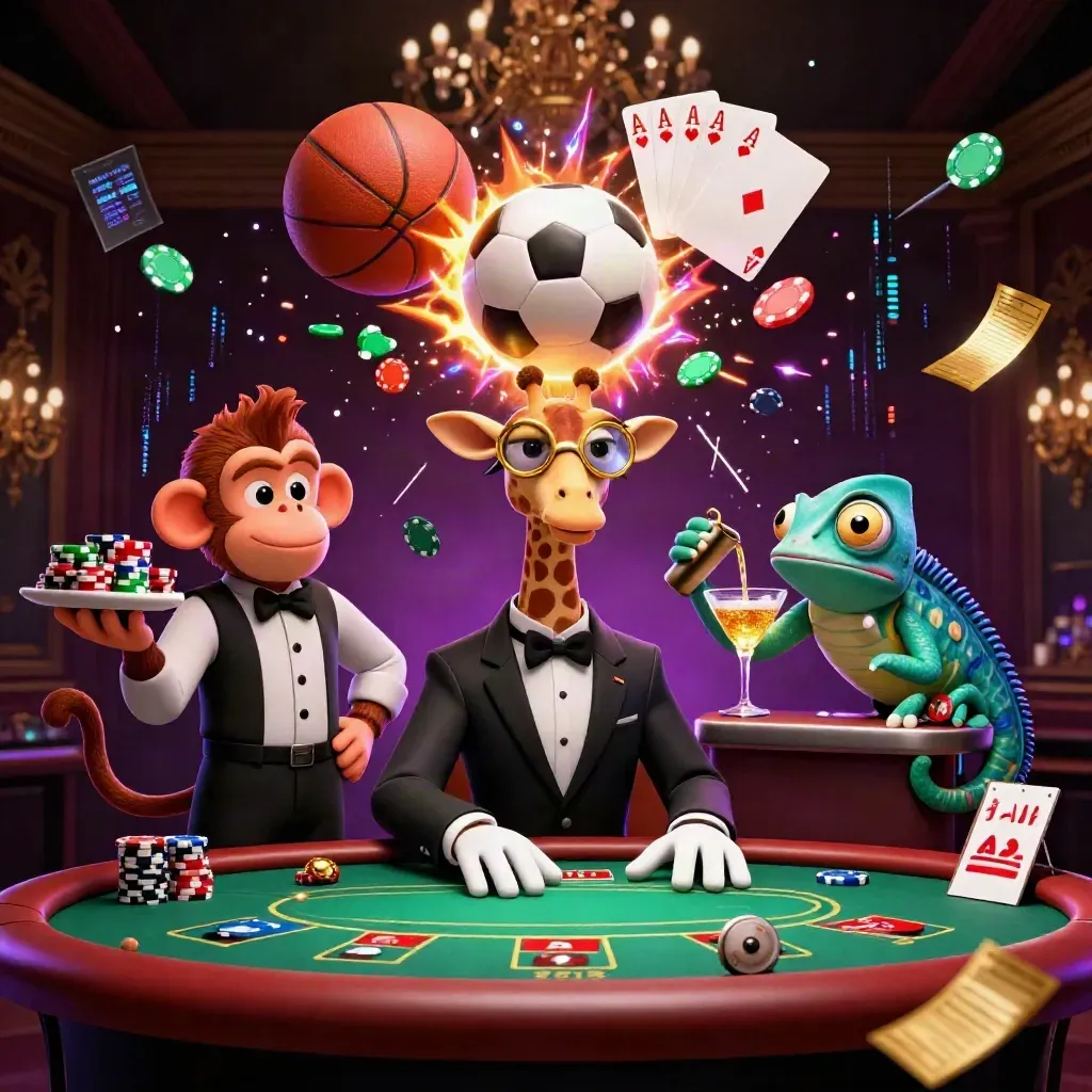 3D casino animals around a poker table with chips, cards, and sports balls in neon light.