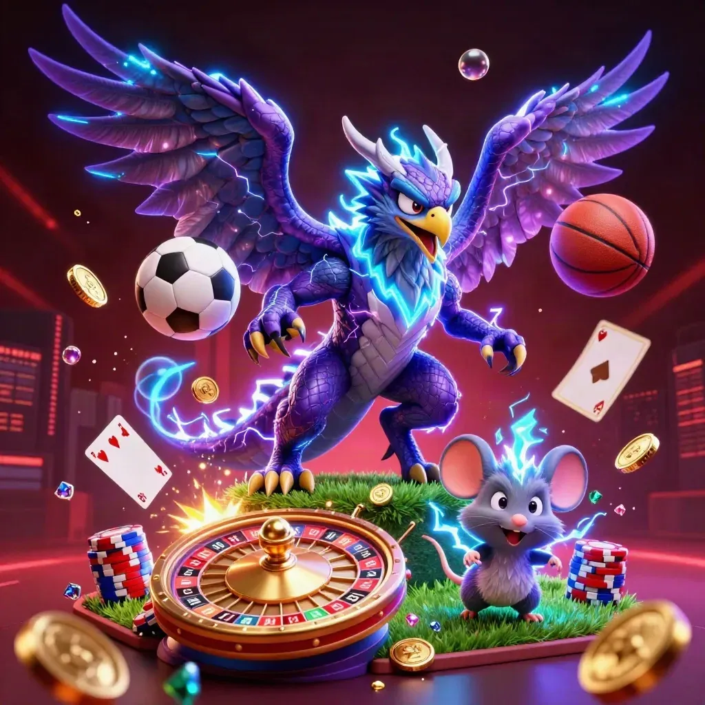 Thunder dragon, wind hawk and static mouse amid casino chips, coins, balls and a blazing skyline.