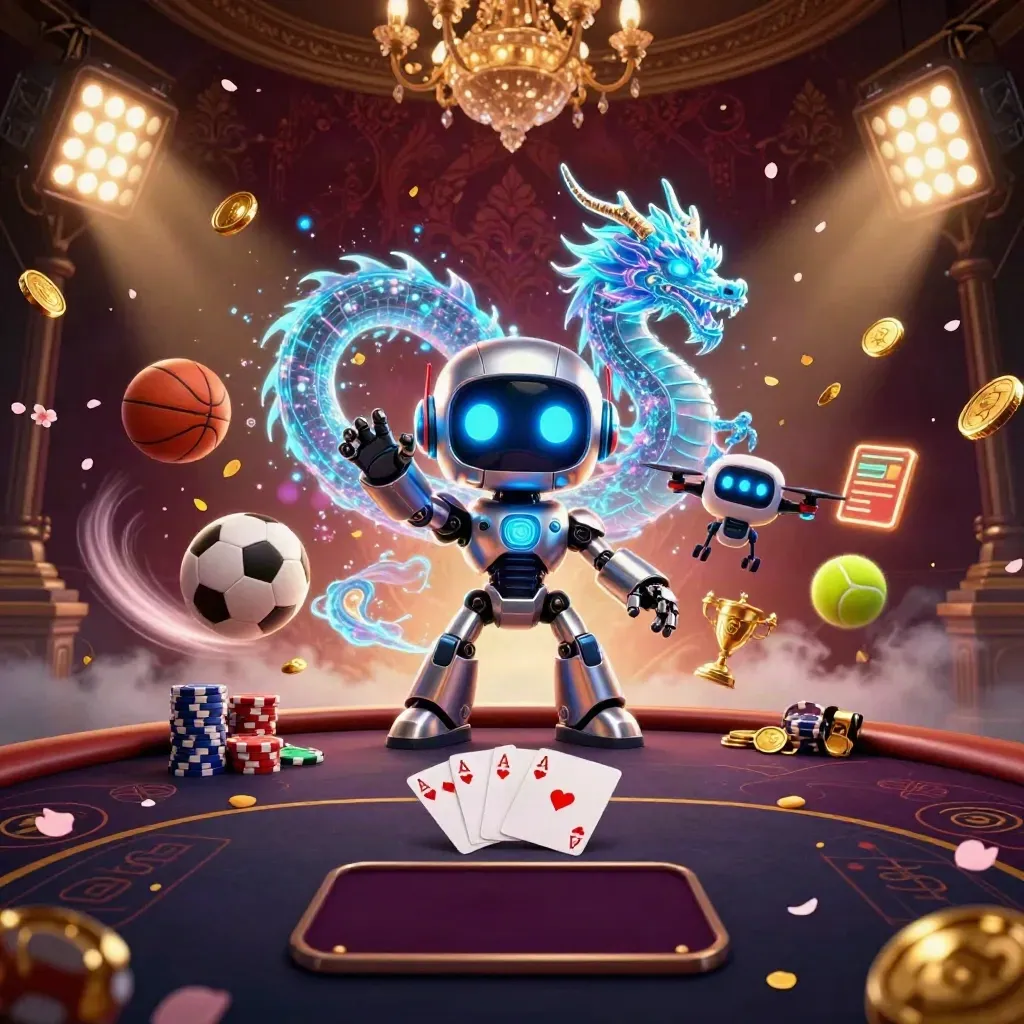 Cyborg mascot, hologram dragon, drone, poker table, chips, trophy, coins, and neon casino lights in a dramatic burst.