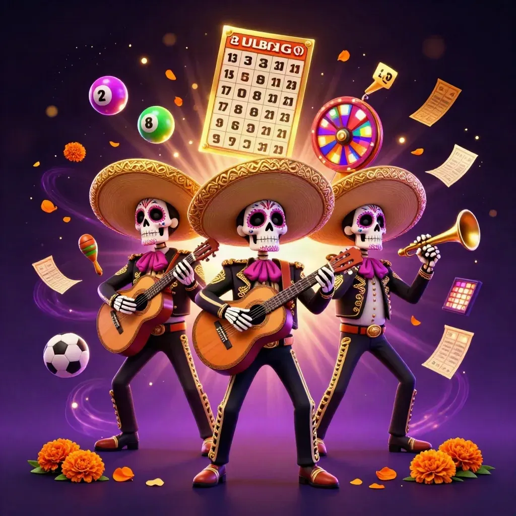Skeleton mariachi trio amid casino game icons, purple-gold lights, and flying petals