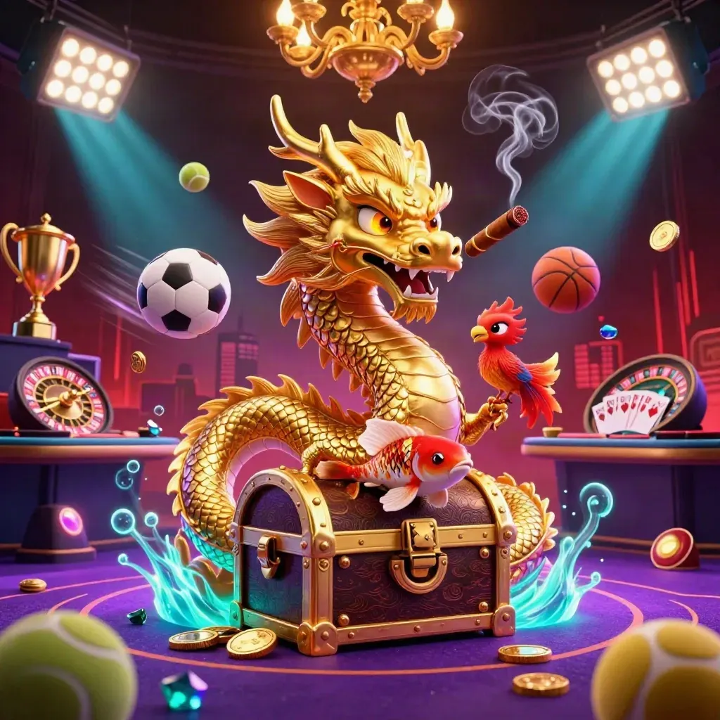 Golden dragon, phoenix, koi and casino props in a neon luxe fantasy splash screen