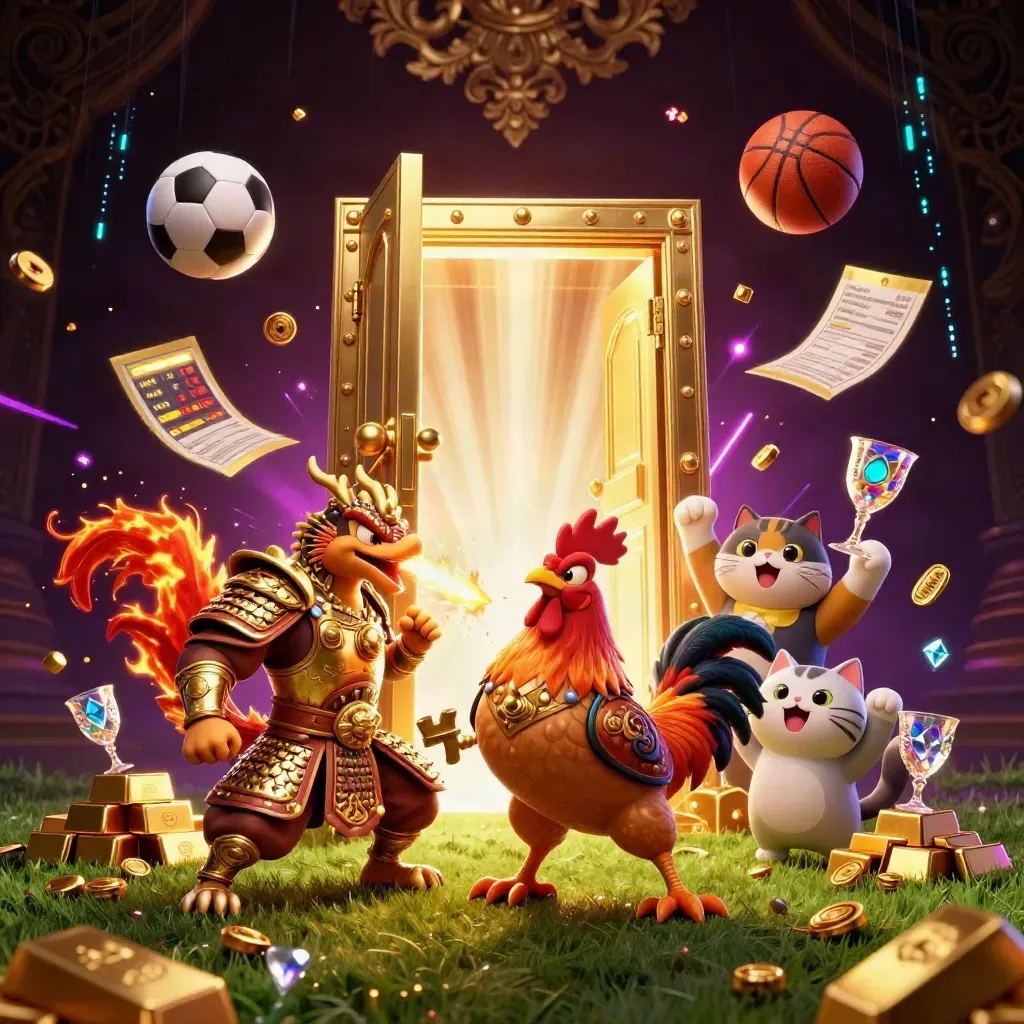 Rooster warrior, dragon hatchling, and fortune-cat amid casino loot and flying sports balls