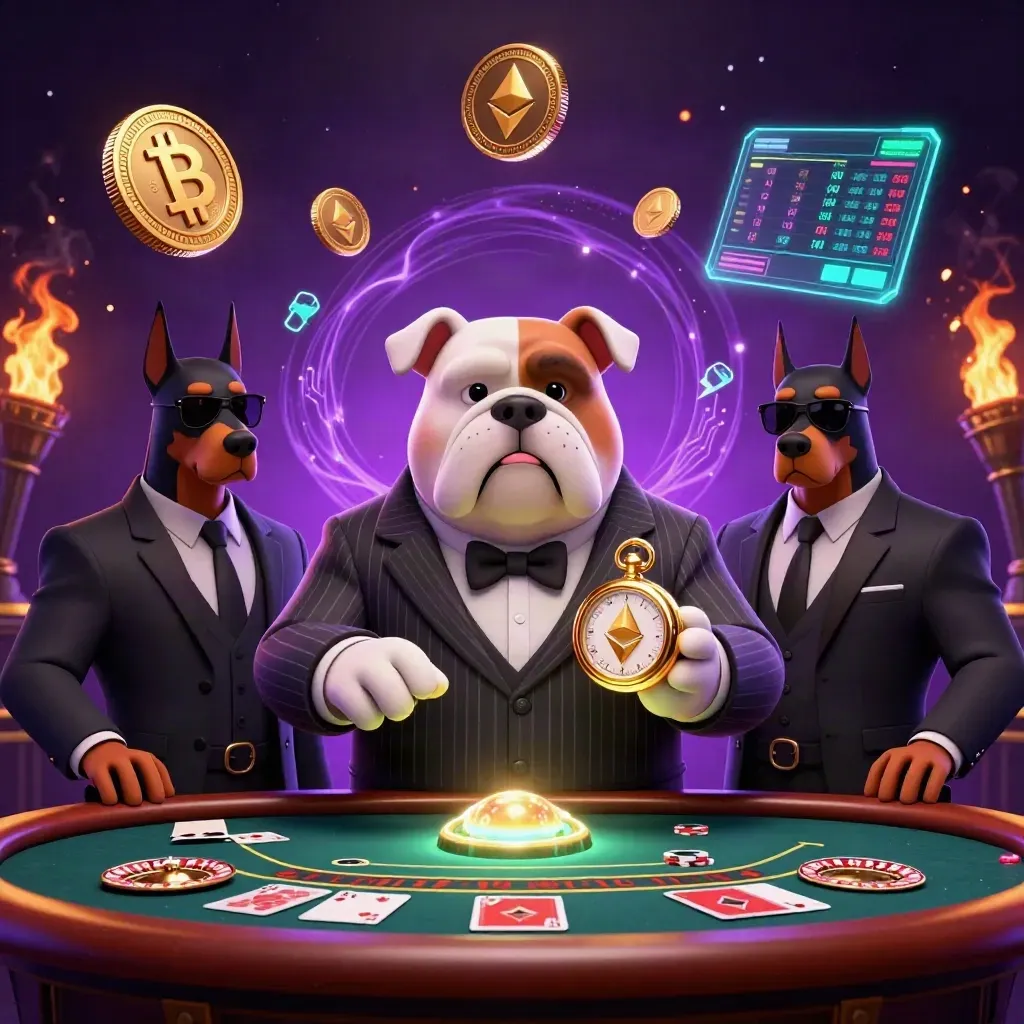 Bulldog boss and Doberman guards in a purple casino with crypto coins, cards, and a roulette wheel.