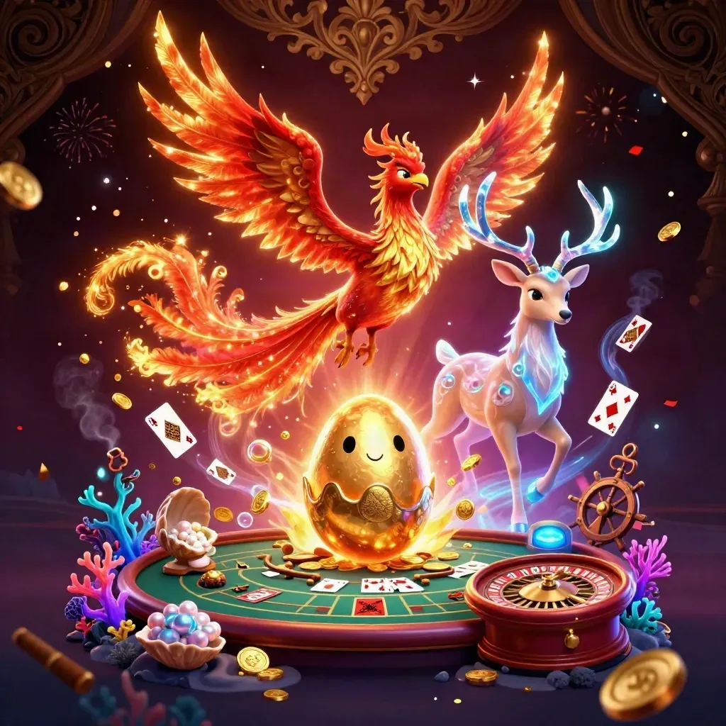 Phoenix, hatching egg, and crystalline stag amid treasure cove casino glamour.