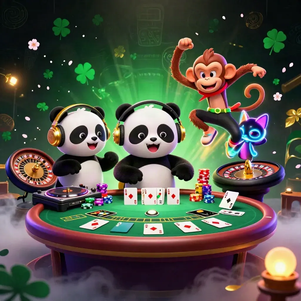 DJ panda, breakdancing monkey, and glow kitten in a luxe casino scene with poker and roulette elements.