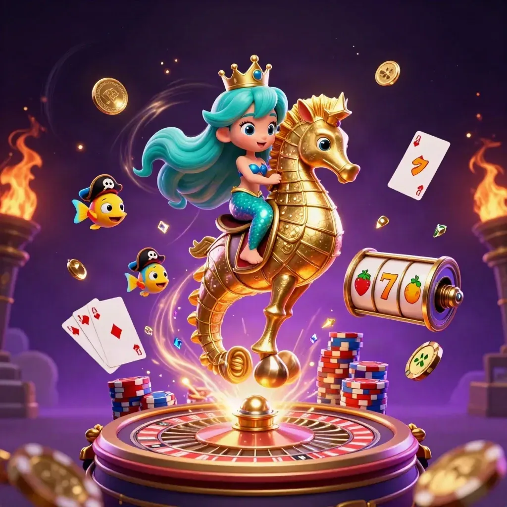 Mermaid princess on a golden seahorse amid coins, gems, roulette wheel and pirate-fish chaos.