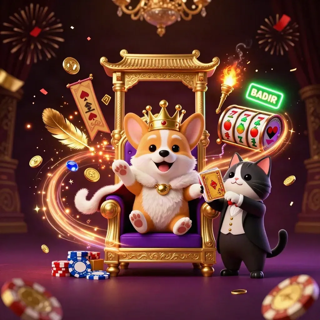 Crowned corgi and cat butler amid coins, gems, purple magic and casino spectacle.