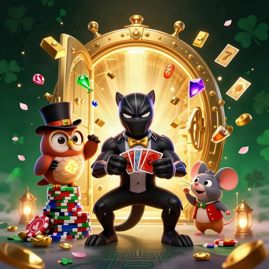Panther, owl, and mouse amid a vault blast, chips, jewels, and neon-green casino magic.