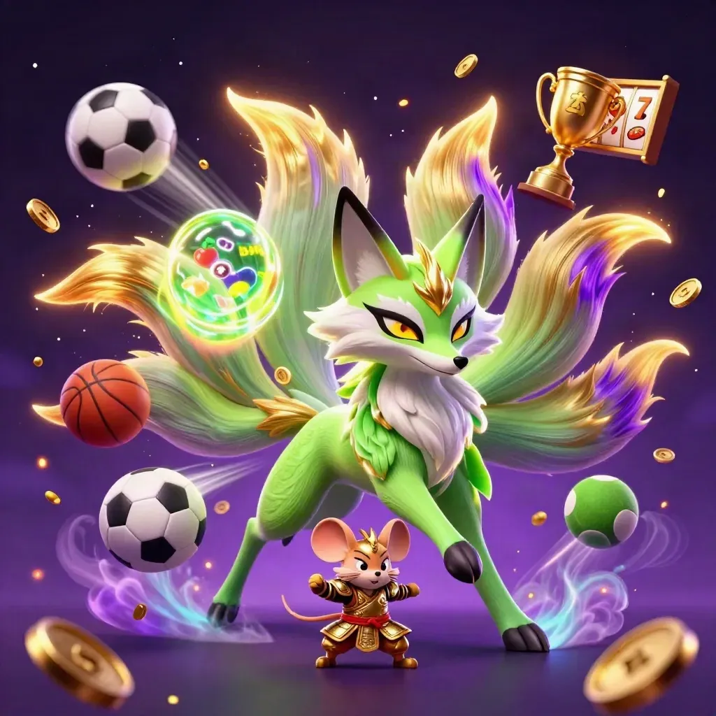 Neon fox spirit and gold-armored mouse amid jackpots, coins, sports balls, and magic.