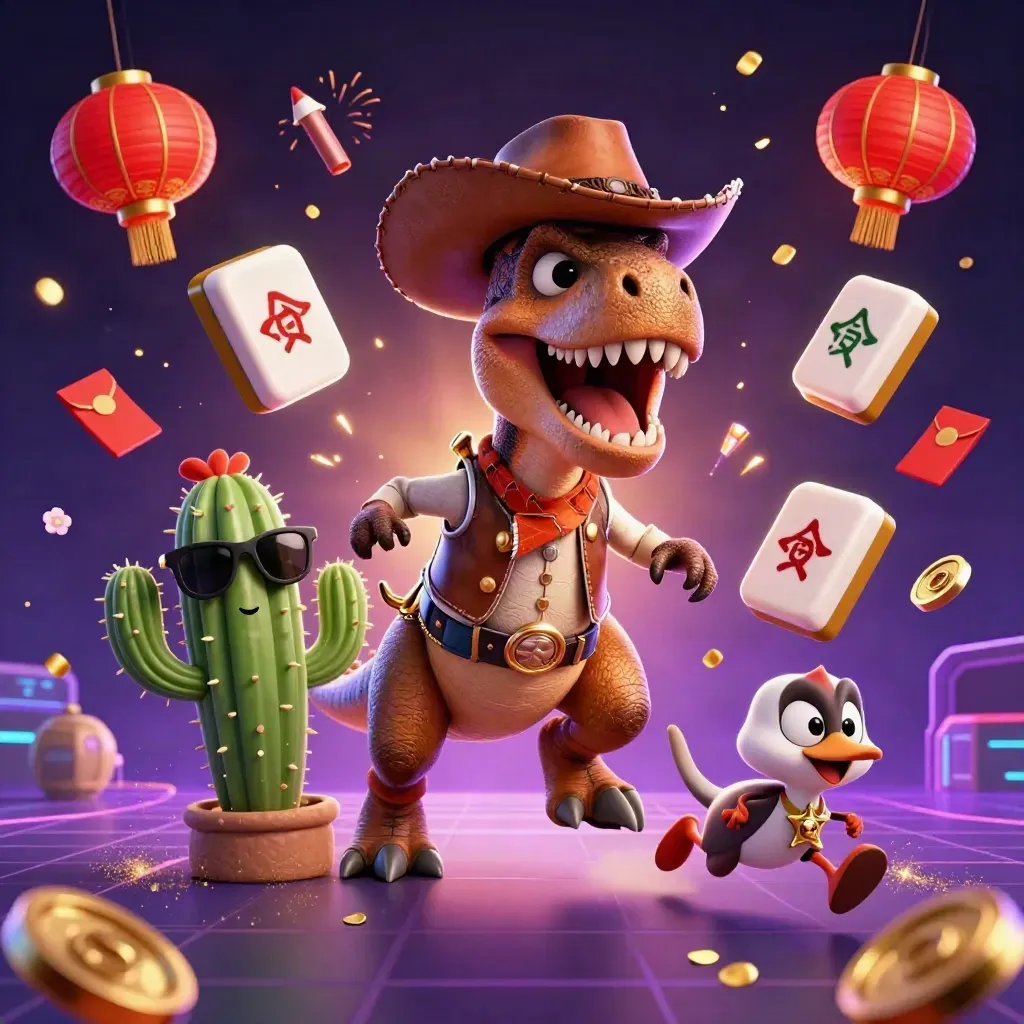 Cowboy T-Rex, cactus sidekick, and roadrunner burst through casino treasures and gems.