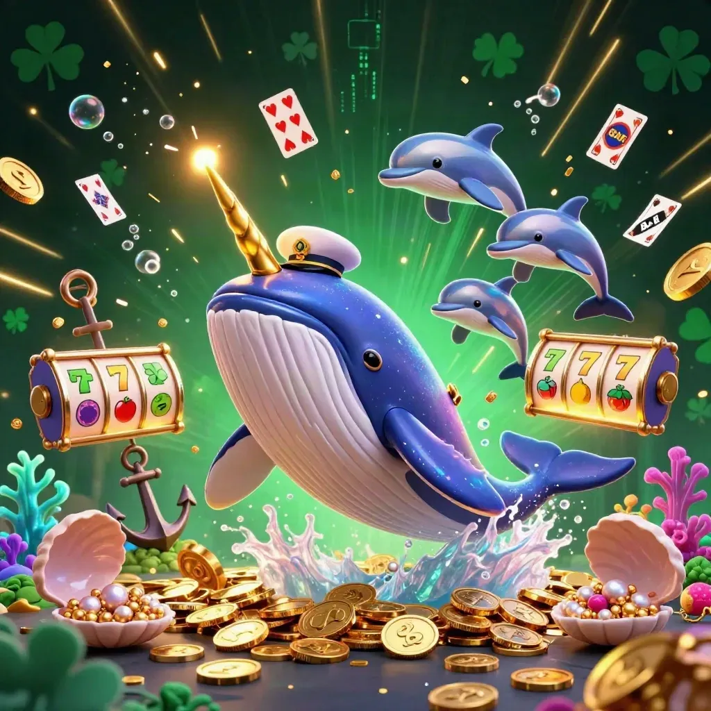 Whale captain, narwhal, and dolphins burst from coins in a neon casino treasure cove.