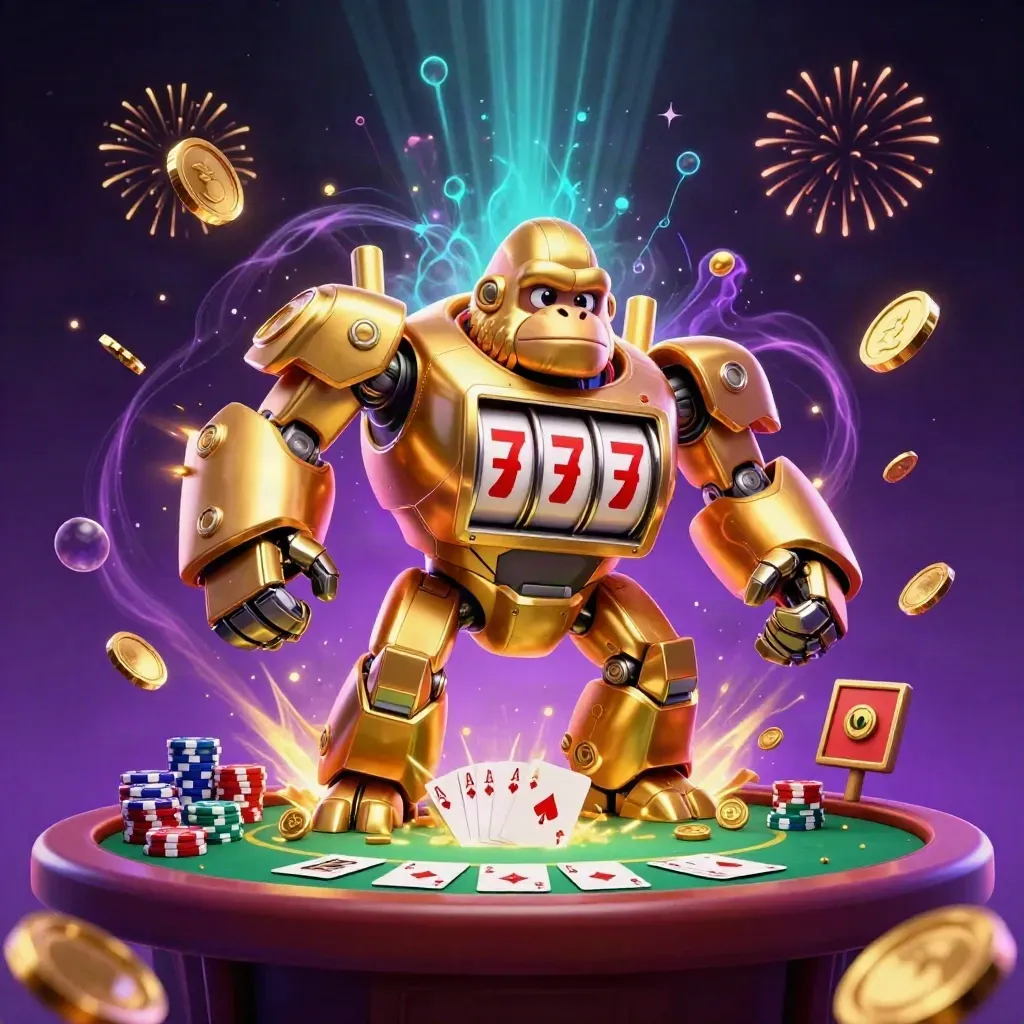 Golden gorilla mech with monkey pilot, poker cards, chips, and jackpot coins in neon casino light