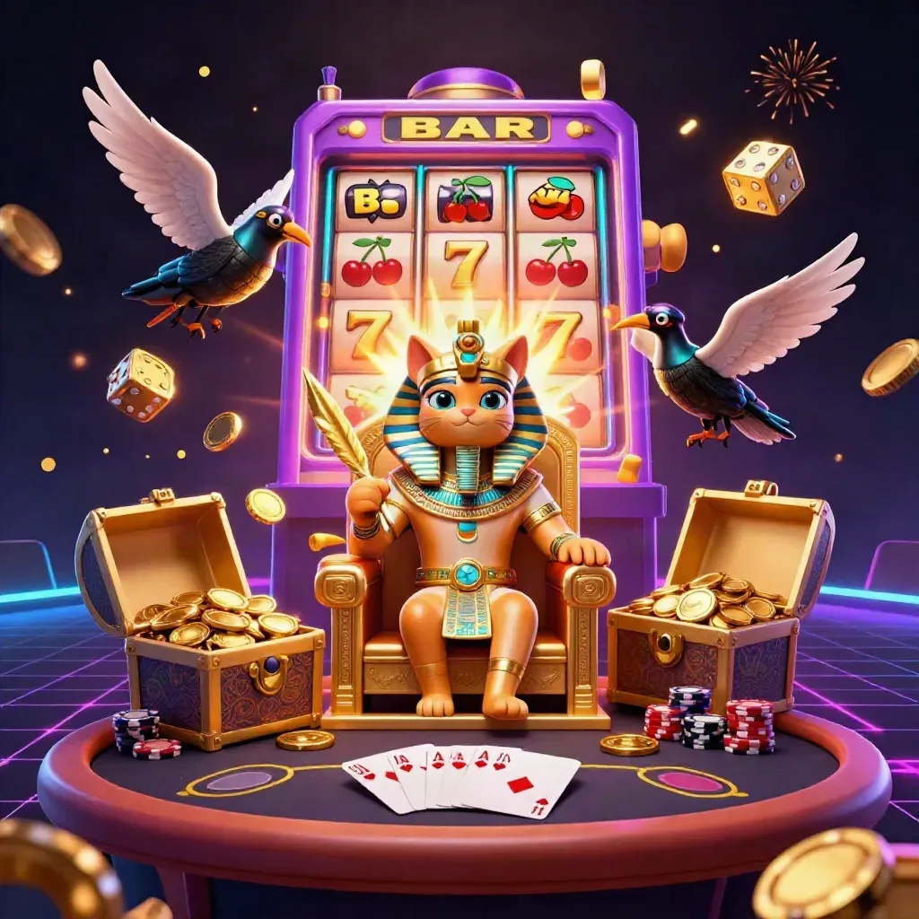 Pharaoh cat, ibis scribe and gem-wing scarabs amid jackpots, chips and gold under neon casino lights.