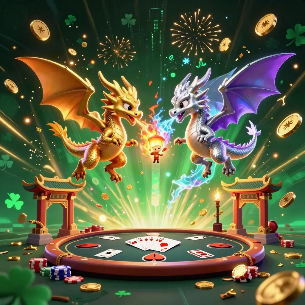 Gold and silver dragons whirl around a lantern spirit amid poker chips, coins, and fireworks.