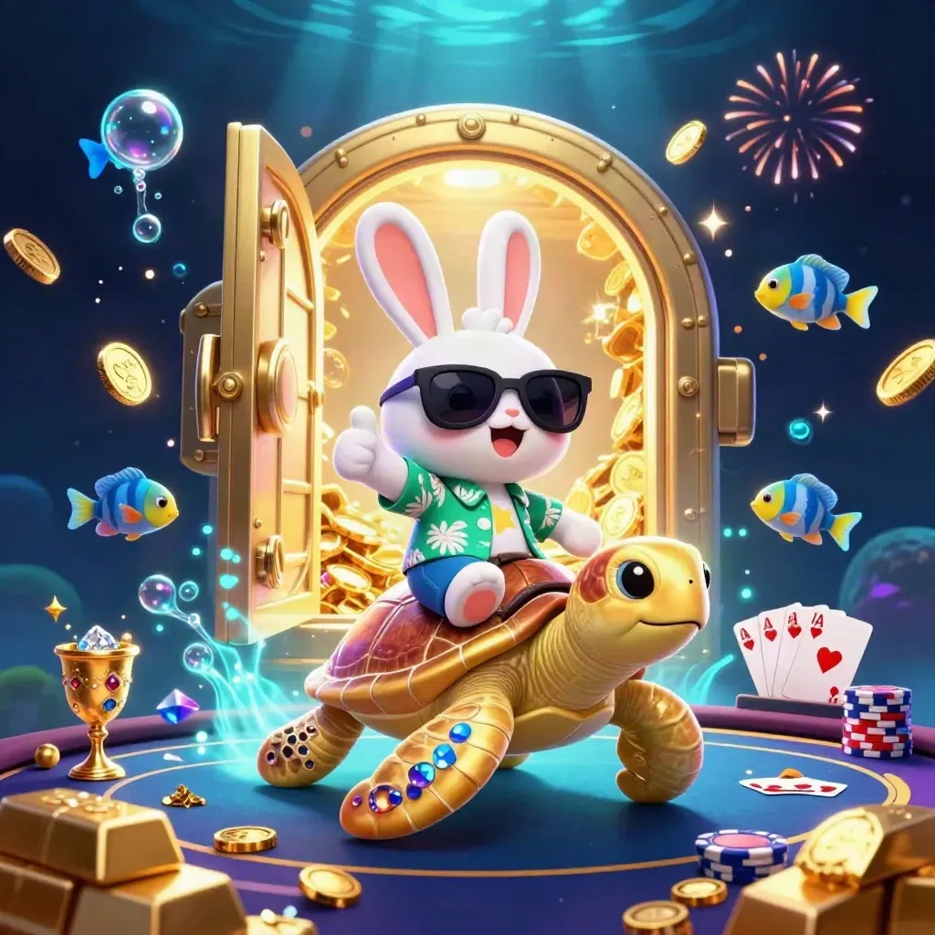 Rabbit on golden turtle bursts from a vault amid coins, chips, gems, and neon underwater glow.