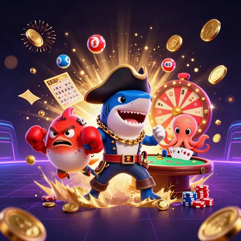 Pirate shark, boxing pufferfish, and coin-juggling octopus amid casino prizes and gold bursts
