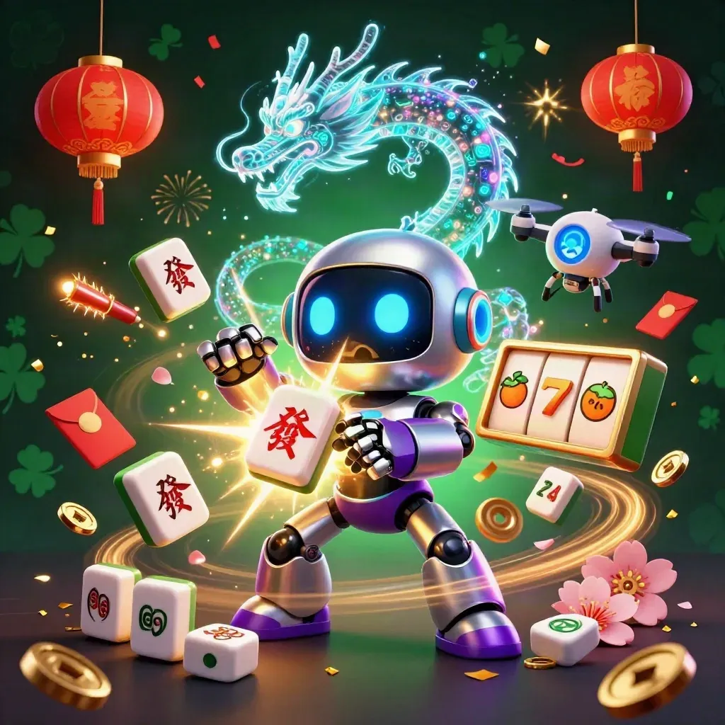 Cyberpunk robot, holographic dragon and coin drone amid casino chips, lanterns, fireworks and jade coins.