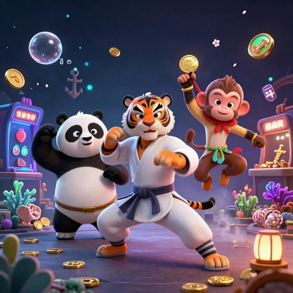 Kung-fu tiger, panda, and monkey in a treasure cove with casino reels and glowing coins.