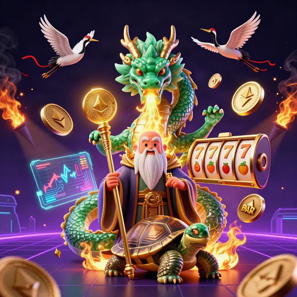 Jade dragon, turtle sage, and cranes amid gold fire, casino coins, and neon effects.