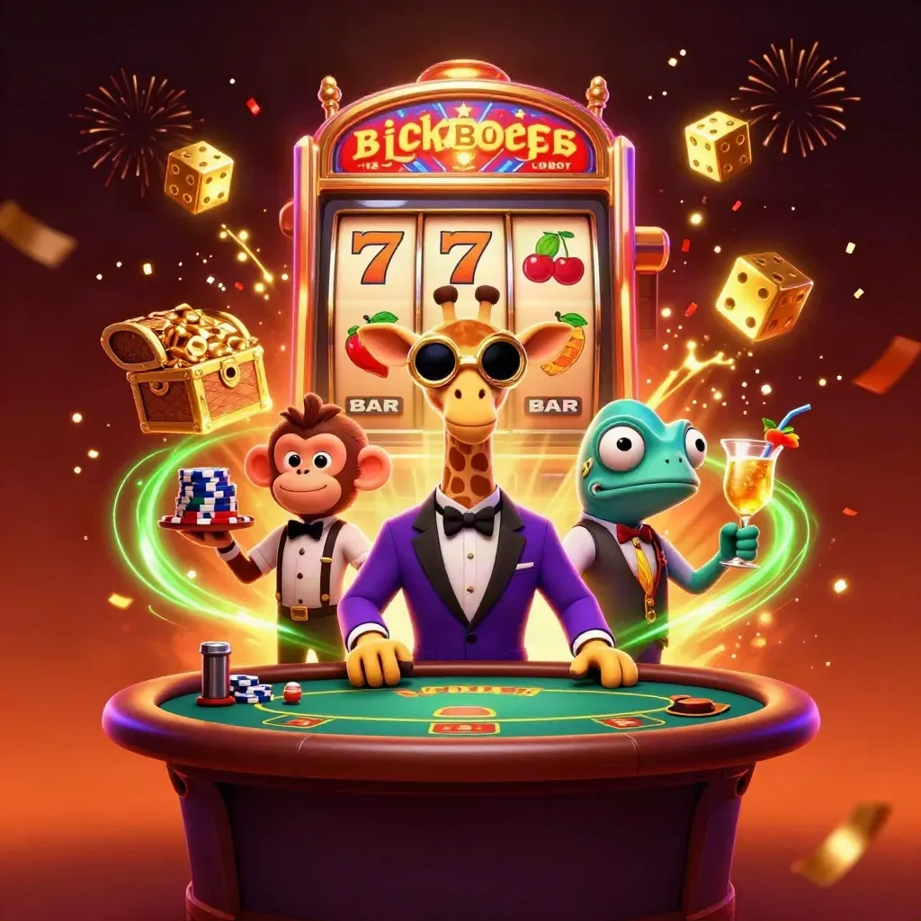 Giraffe, monkey valet, and chameleon bartender amid jackpots, chips, and glowing casino effects