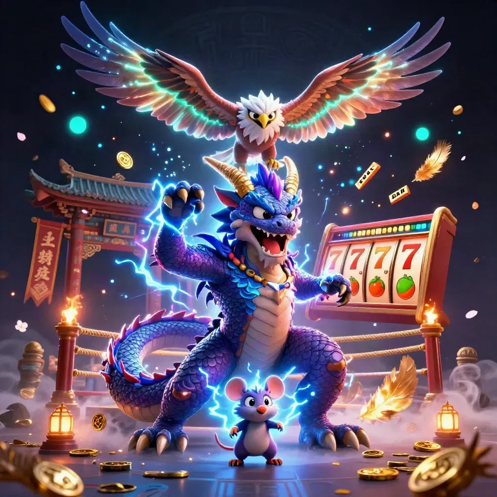 Thunder dragon, wind hawk, and static mouse amid temple gates, reels, coins, and blue lightning.