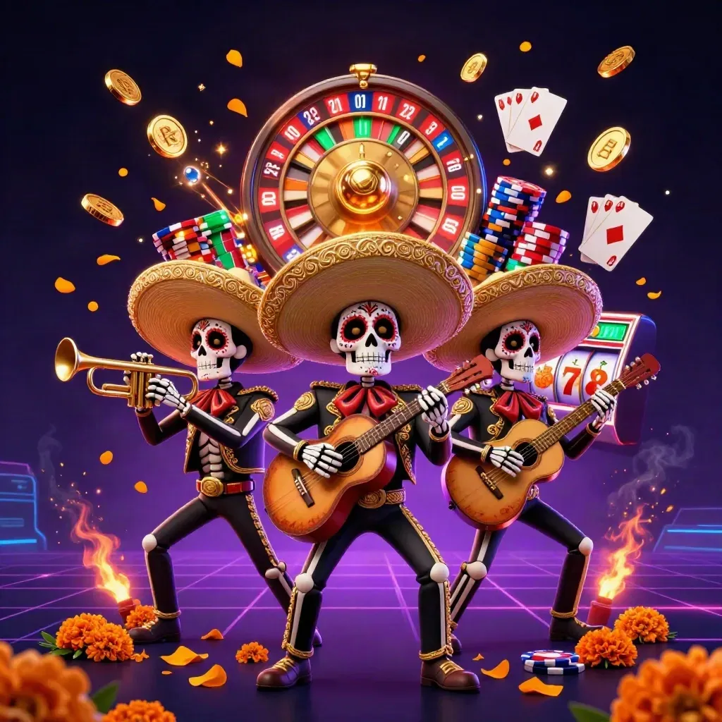 Skeleton mariachi trio amid casino coins, cards, chips, roulette, and neon glow.